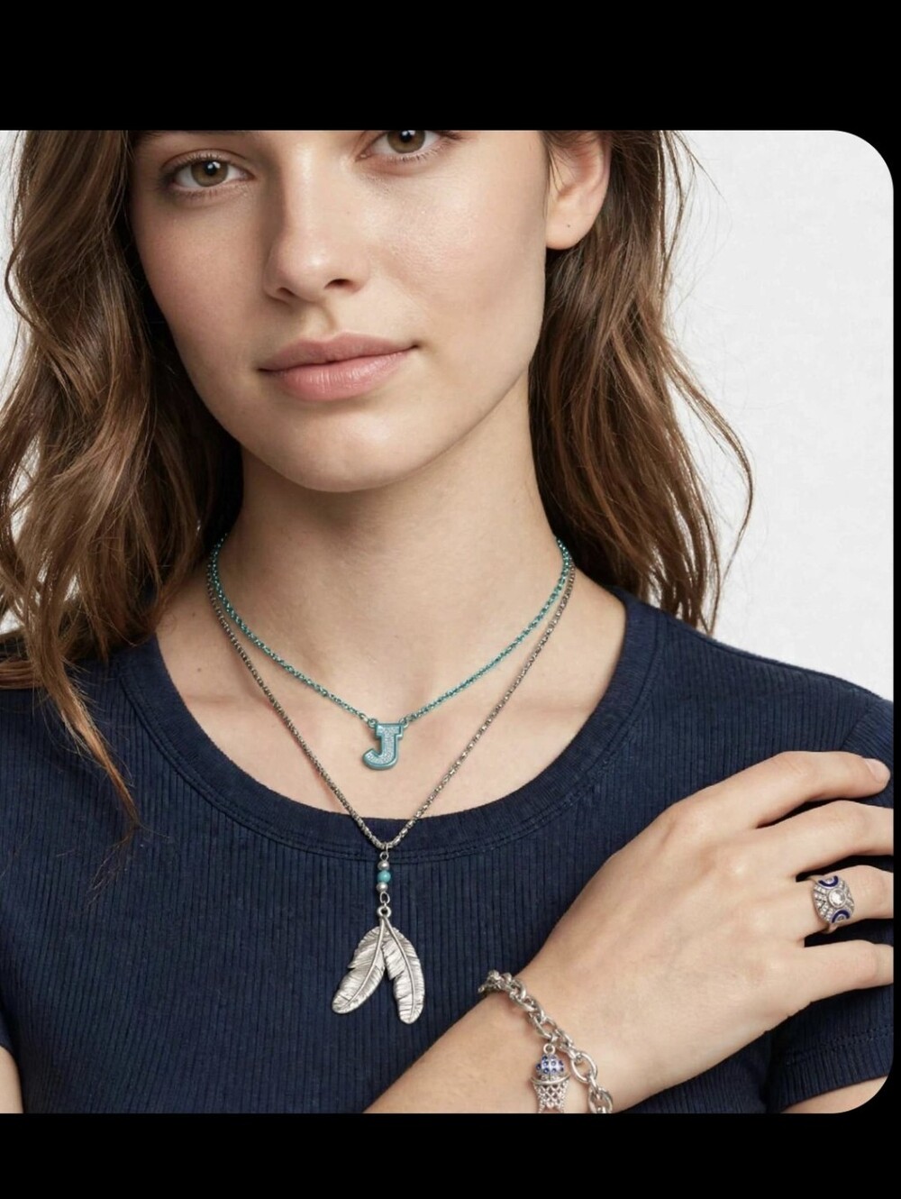 4 Layered Silver Feather and Initial 'J' Necklace - Blue Accents